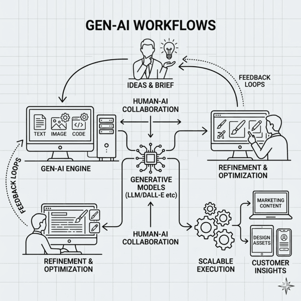 Abstract visualization of generative AI workflows with interlocking digital loops and a central creative spark